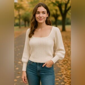 Lucky Brand White Knit Sweater Women’s Medium Square Neck Puff Sleeve Ribbed